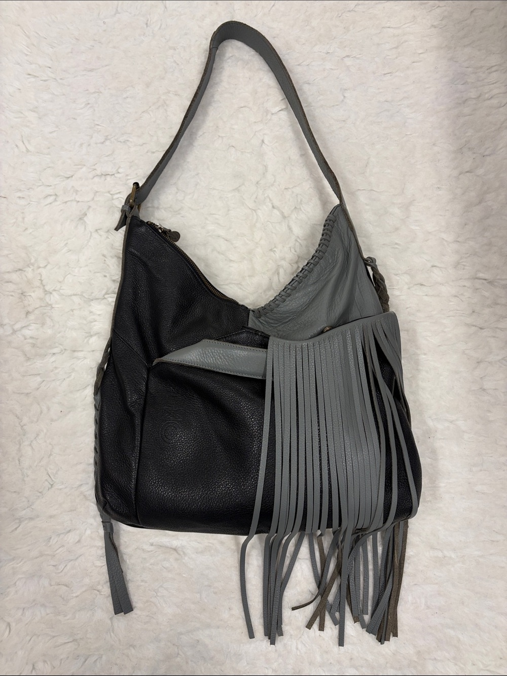 Camila Alves Muxo Black & Gray Fringe Leather Hobo Bag